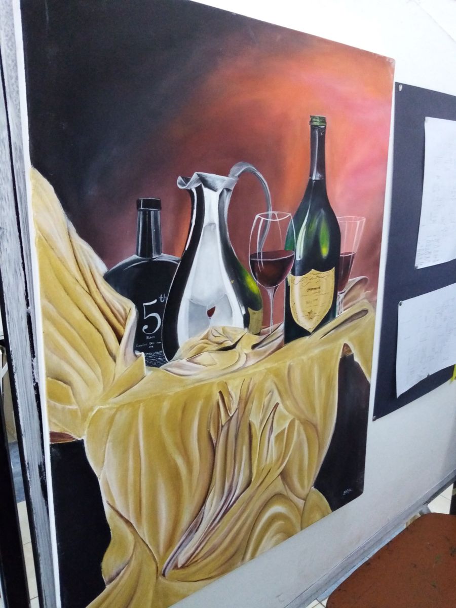 Still life painting of bottles and wine glasses by Eric N. Gitau
