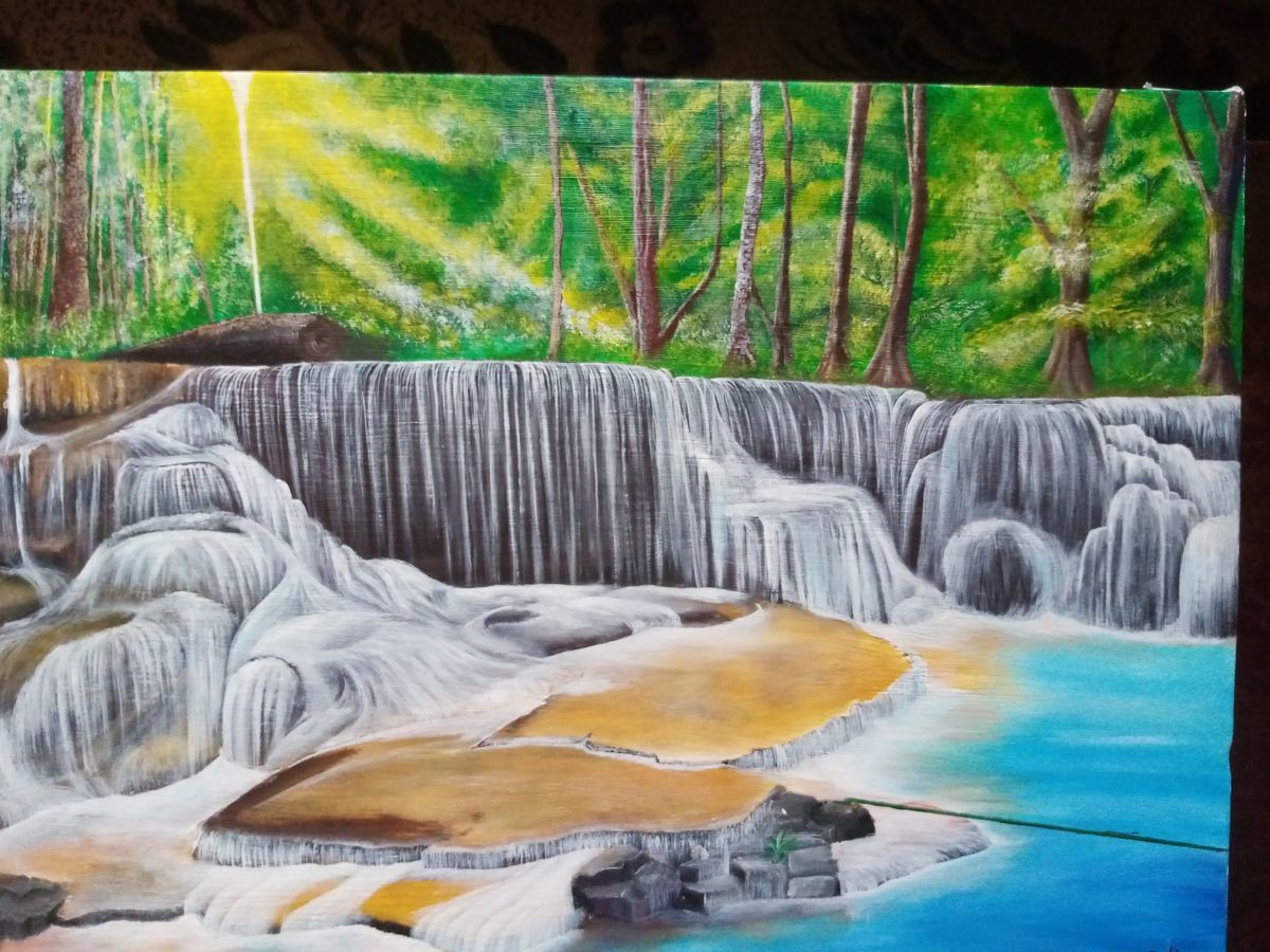 Waterfall in a forest, painting by Eric N. Gitau